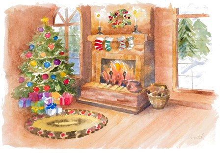 Santa&#39;s Fireplace and Tree Scene by Lanie Loreth art print
