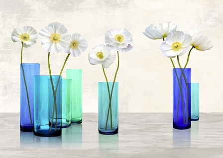 Poppies in crystal vases (Aqua palette) by Cynthia Ann art print