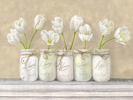 White Tulips in Mason Jars by Jenny Thomlinson art print