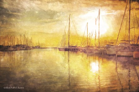 Yellow Sunset Boats in Marina by Bluebird Barn art print