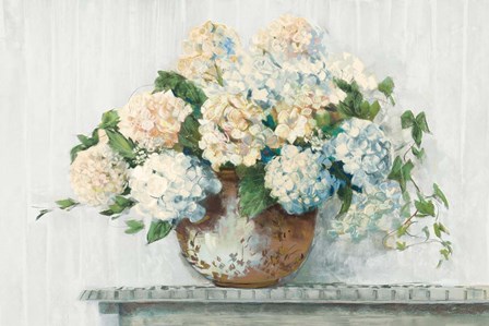 White Hydrangea Cottage by Carol Rowan art print