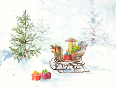 Presents in Sleigh on Snowy Day by Lanie Loreth art print