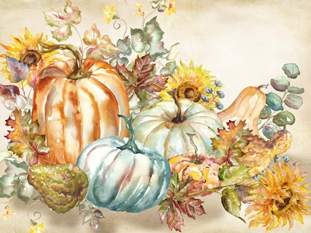 Watercolor Harvest Pumpkin landscape by Tre Sorelle Studios art print