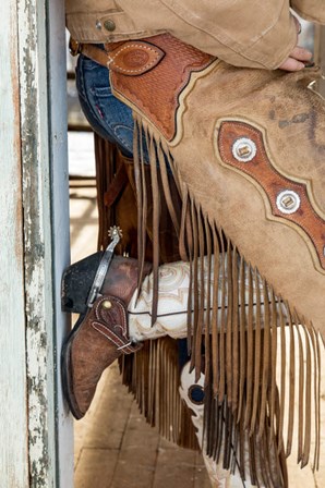 Cowgirl Standing In Doorway Of Old Log Cabin by Darrell Gulin / Danita Delimont art print