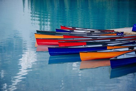 Colorful Rowboats Moored In Calm Lake, Alberta, Canada by Panoramic Images art print