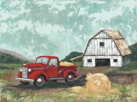 Red Truck at the Barn by Sara Baker art print