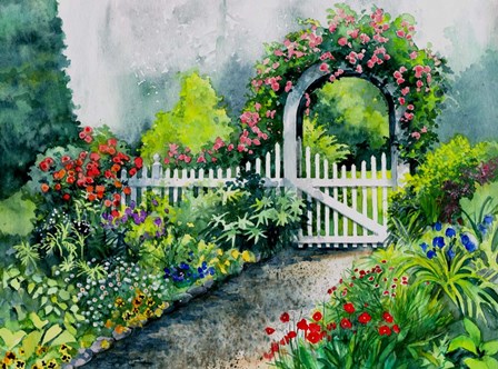 Summer Garden Gate by Val Stokes art print