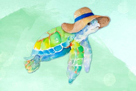 Turtle With Hat on Watercolor (blue) by Lanie Loreth art print