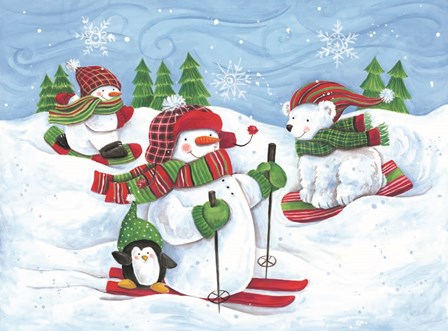 Skiing Snowmen and Animals by Diane Kater art print