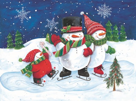 Happy Snowmen Family on Skates by Diane Kater art print