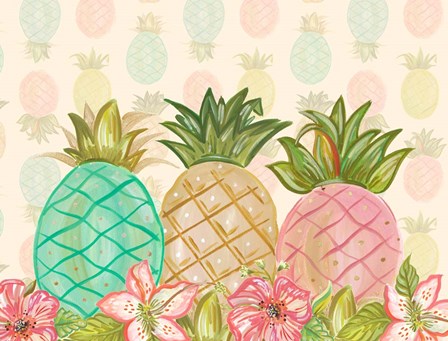 Pineapple Trio with Flowers by Ani Del Sol art print