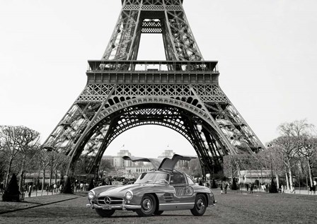 Roadster Under the Eiffel Tower (BW) by Gasoline Images art print