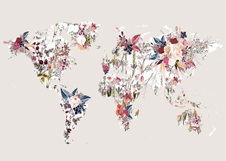 Worldmap Flowers (Light) by Design Fabrikken art print
