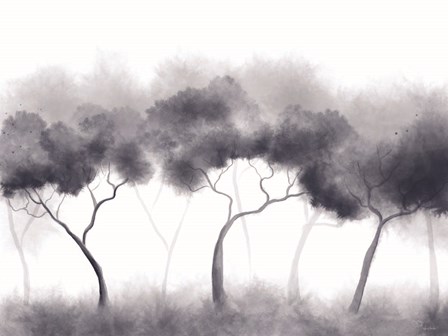 Misty Blue Forest Trees by Angela Bawden art print