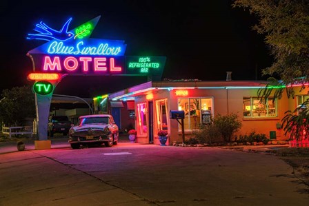 Neon Blue Swallow Motel by Andy Crawford Photography art print