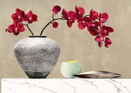 Red Orchids on White Marble (detail) by Jenny Thomlinson art print