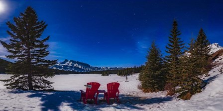 Red Chairs Under a Moonlit Winter Sky at Two Jack Lake by Alan Dyer/Stocktrek Images art print