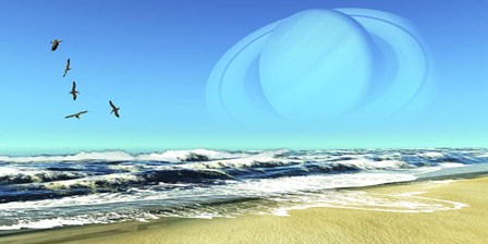 A Flock of Seagulls Fly Over Ocean Waves With Saturn Planet in the Sky by Corey Ford/Stocktrek Images art print