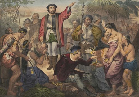 Christopher Columbus among Indians in the New World by Stocktrek Images art print