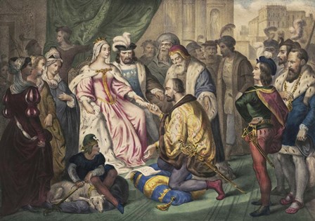 Christopher Columbus kneeling in front of Queen Isabella I by Stocktrek Images art print