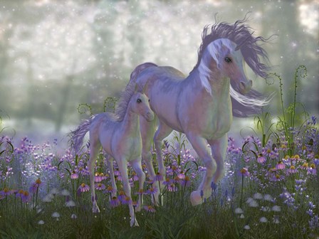 Adult and Baby Unicorn in a Field of Flowers by Corey Ford/Stocktrek Images art print