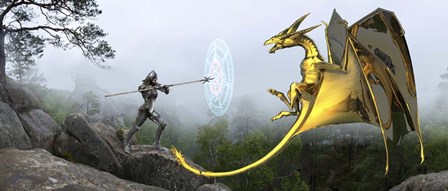 Flying Gold Dragon and Female Knight by Kurt Miller/Stocktrek Images art print