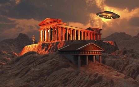 Flying Saucer Flying Above An Ancient Temple Complex by Mark Stevenson/Stocktrek Images art print