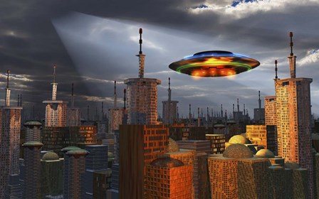 Alien Flying Saucer Flying Over a Futuristic City by Mark Stevenson/Stocktrek Images art print