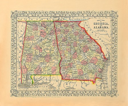 County Map Of Georgia And Alabama by S.A. Mitchell art print