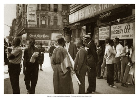 Malcom X, Captain Joseph &amp; Jesus Emmanuel: 7th Avenue and 125th Street, Harlem 1962 by Klytus Smith art print
