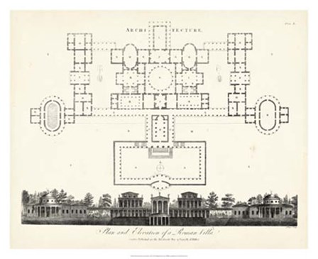 Plan &amp; Elevation for a Roman Villa by J. Wilkes art print