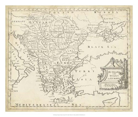 Map of Hungary &amp; Turkey in Europe by T Jeffreys art print
