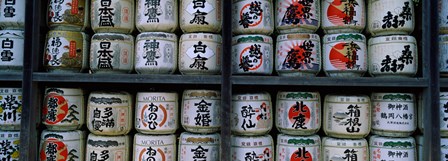 Stack of jars on racks, Tsurugaoka Hachiman Shrine, Kamakura, Kanagawa Prefecture, Kanto Region, Japan by Panoramic Images art print