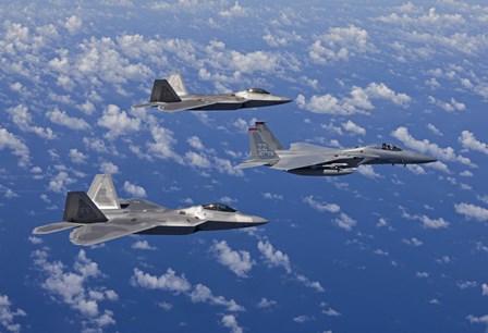 F-15 Eagle and Two F-22 Raptors over Japan by HIGH-G Productions/Stocktrek Images art print