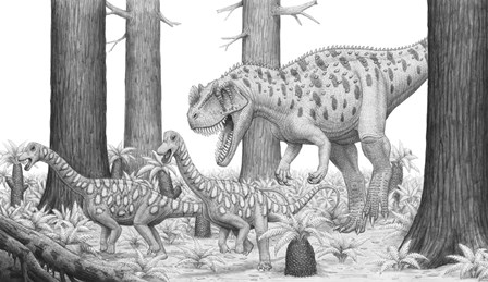 Ceratosaurus Chasing Young Apatosaurus Dinosaurs by Heraldo Mussolini/Stocktrek Images art print