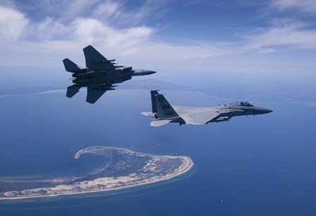 Two F-15 Eagles Fly High over Cape Cod, Massachusetts by HIGH-G Productions/Stocktrek Images art print