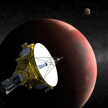 Artist&#39;s Concept of the New Horizons Spacecraft as it Approaches Pluto and its Largest Moon, Charon by Stocktrek Images art print