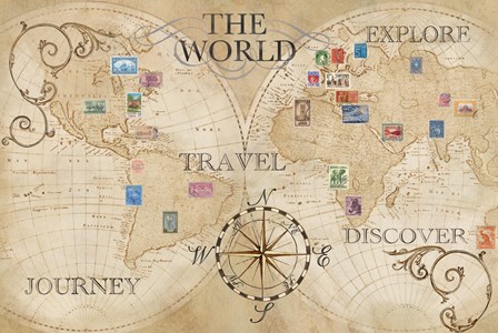 Old World Journey Map Stamps Cream by Cynthia Coulter art print