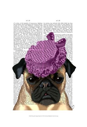 Pug with Vintage Purple Hat by Fab Funky art print