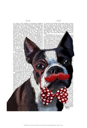 Boston Terrier Portrait with Red Bow Tie and Moustache by Fab Funky art print