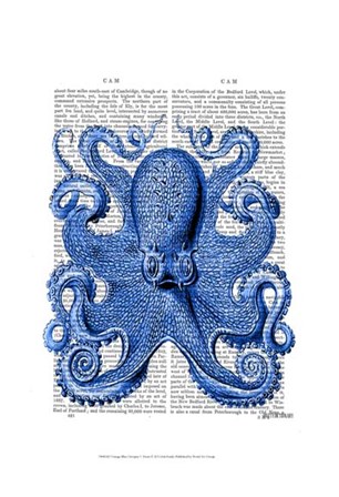 Vintage Blue Octopus 1  Front by Fab Funky art print