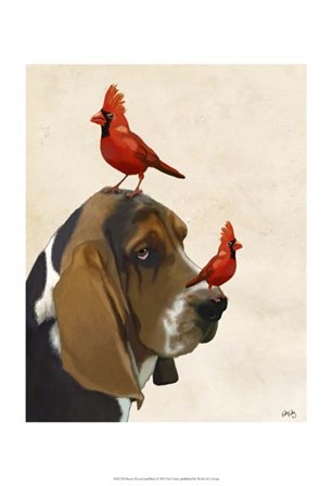Basset Hound and Birds II by Fab Funky art print
