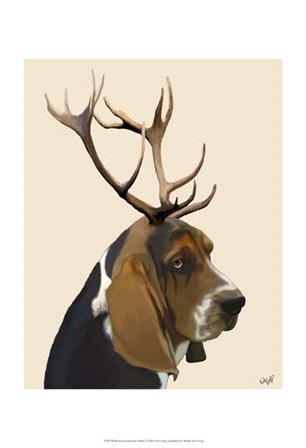 Basset Hound and Antlers II by Fab Funky art print