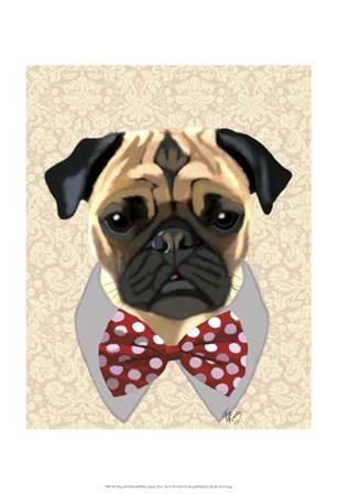 Pug with Red and White Spotty Bow Tie by Fab Funky art print