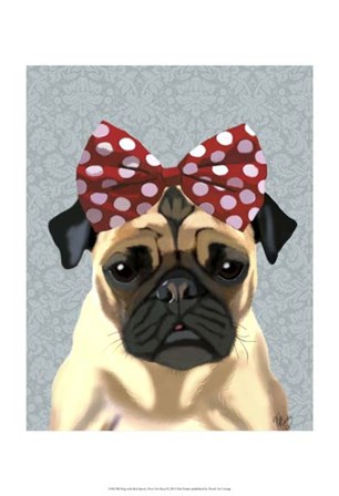Pug with Red Spotty Bow On Head by Fab Funky art print