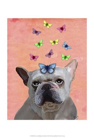 White French Bulldog and Butterflies by Fab Funky art print