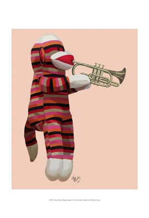 Sock Monkey Playing Trumpet by Fab Funky art print