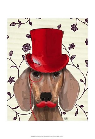 Dachshund With Red Top Hat by Fab Funky art print