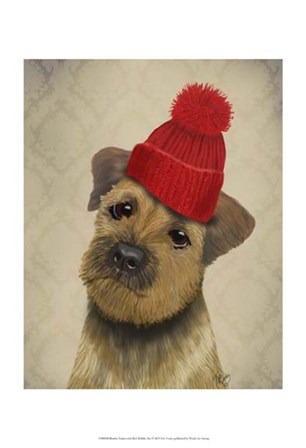 Border Terrier with Red Bobble Hat by Fab Funky art print