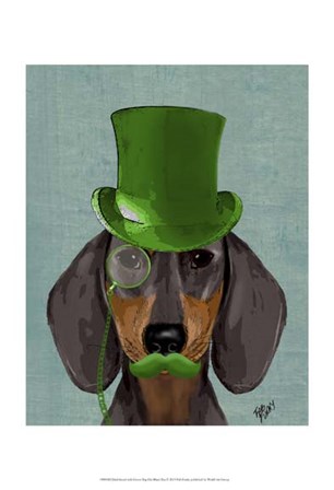 Dachshund with Green Top Hat Black Tan by Fab Funky art print